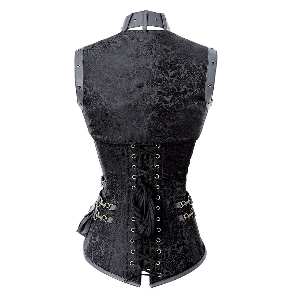 Renata Black Brocade Steampunk Corset with Shrug