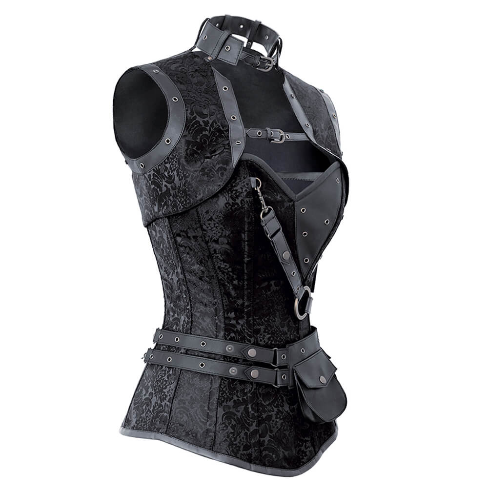 Renata Black Brocade Steampunk Corset with Shrug