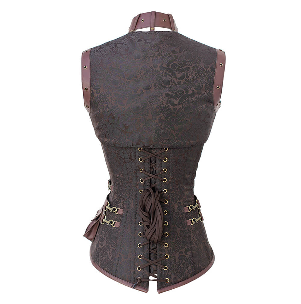 Alexa Brown Brocade Steampunk Overbust Corset with Shrug