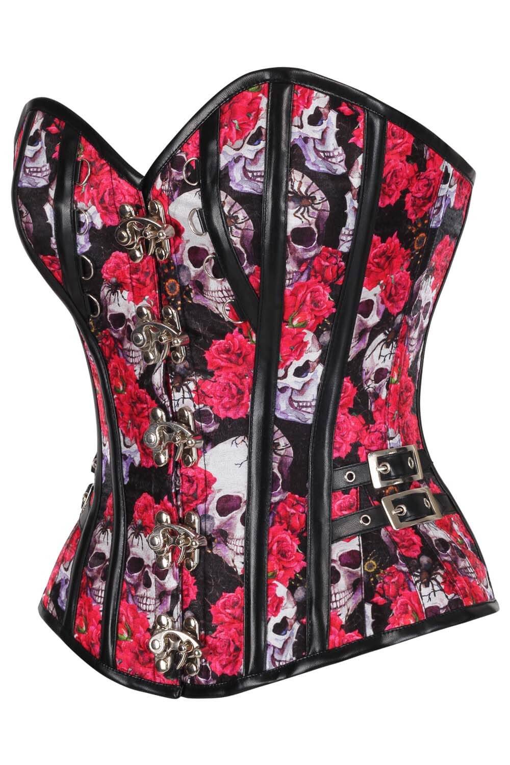 Delyn Skull With Red Rose Overbust Corset