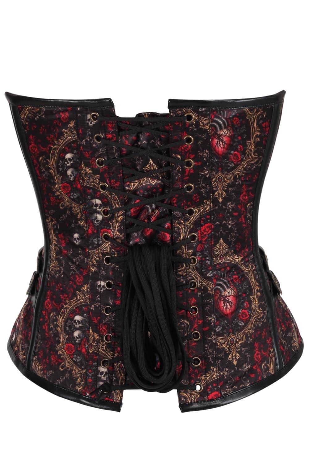 Shalana Baroque Red Rose With Skull Overbust Corset