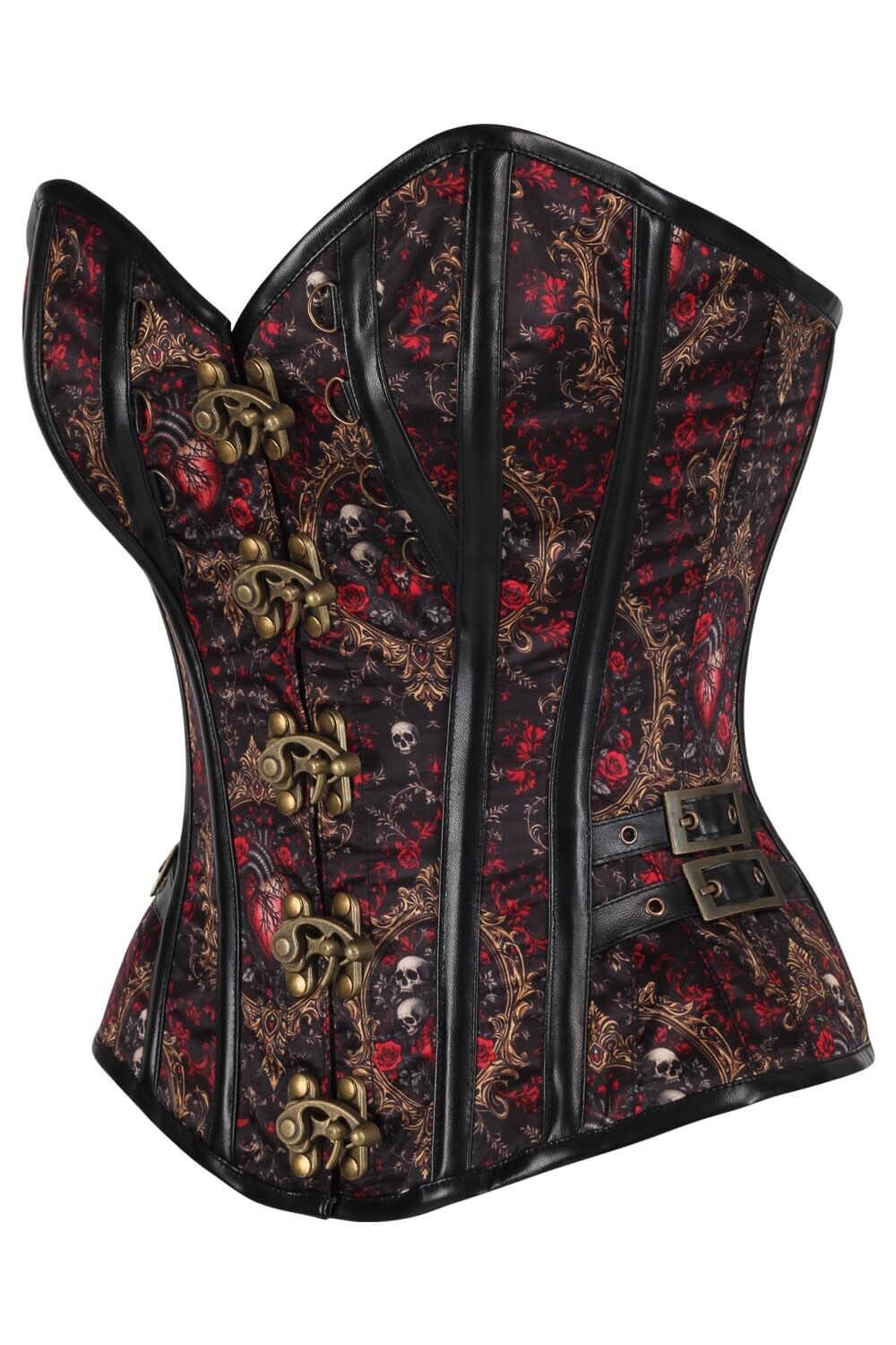 Shalana Baroque Red Rose With Skull Overbust Corset
