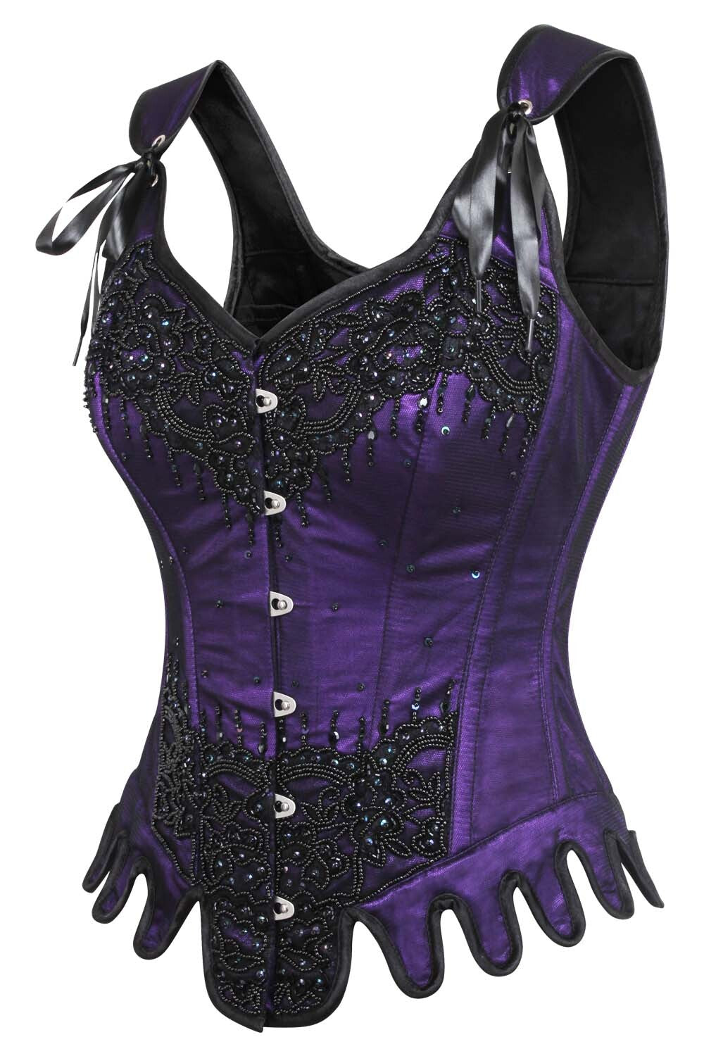 Diamante Purple Satin Couture Corset with Shoulder Straps