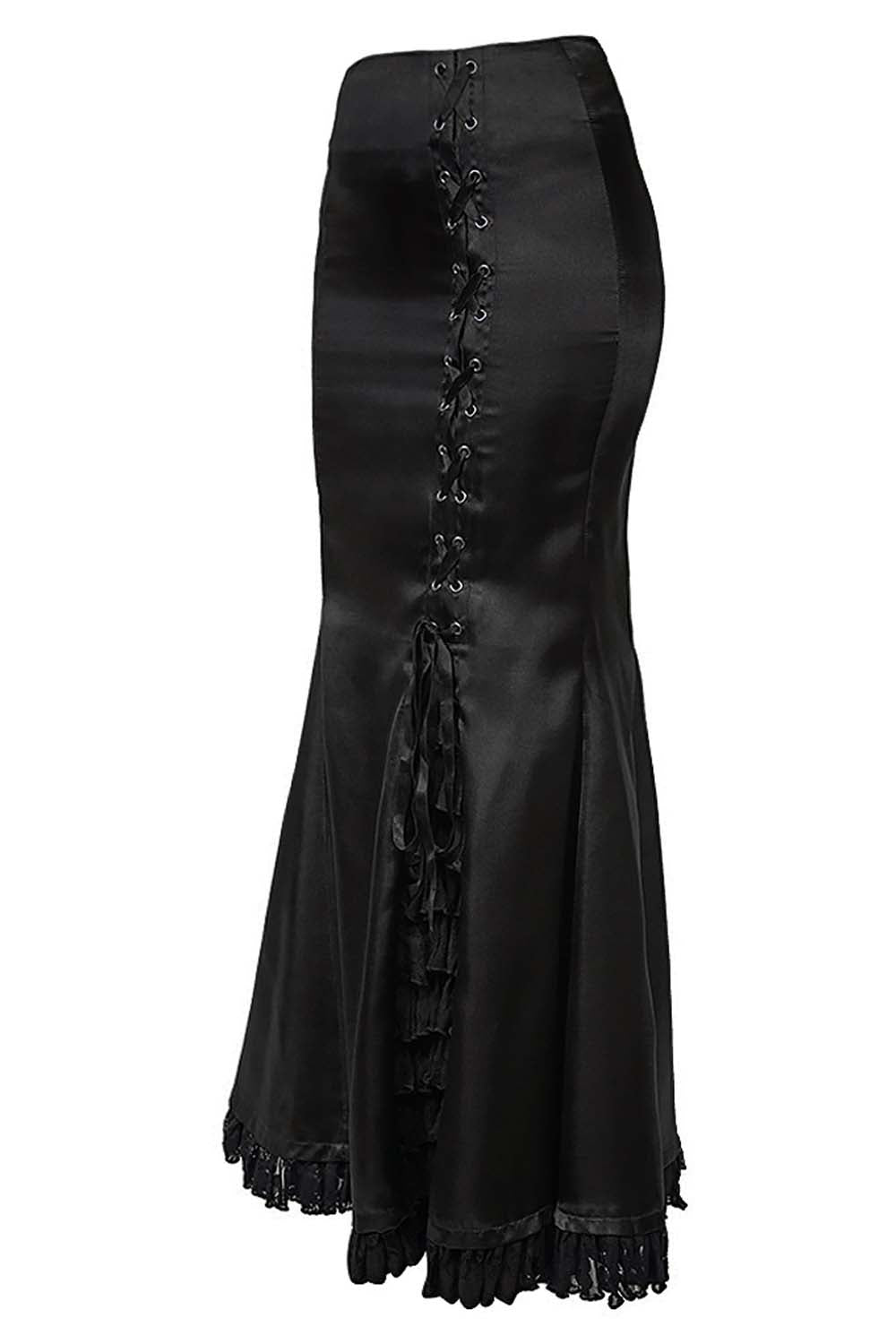 Kelsy Black Satin Gothic Full Length Skirt