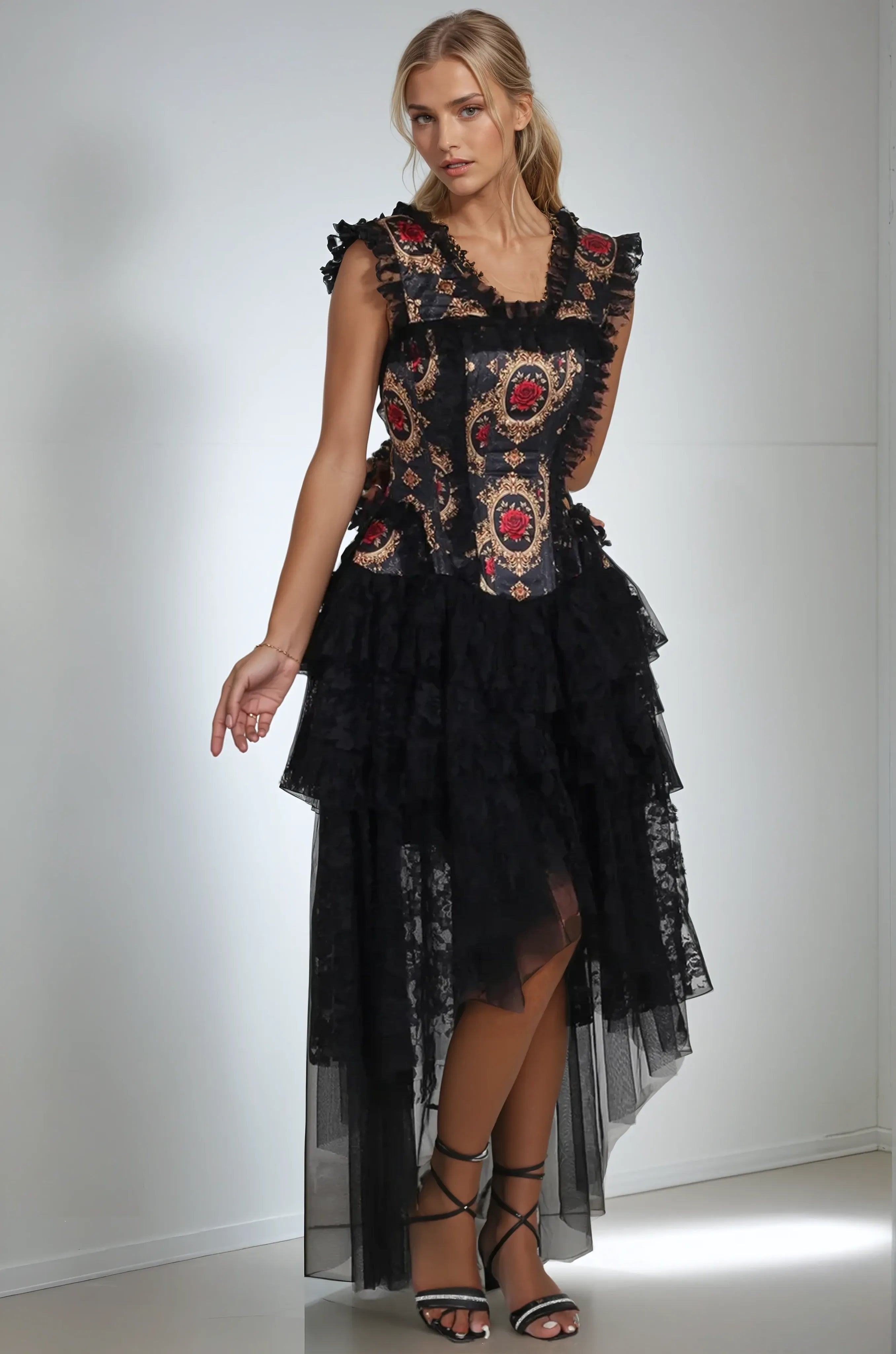 Rexine Red Rose Satin Corset Dress