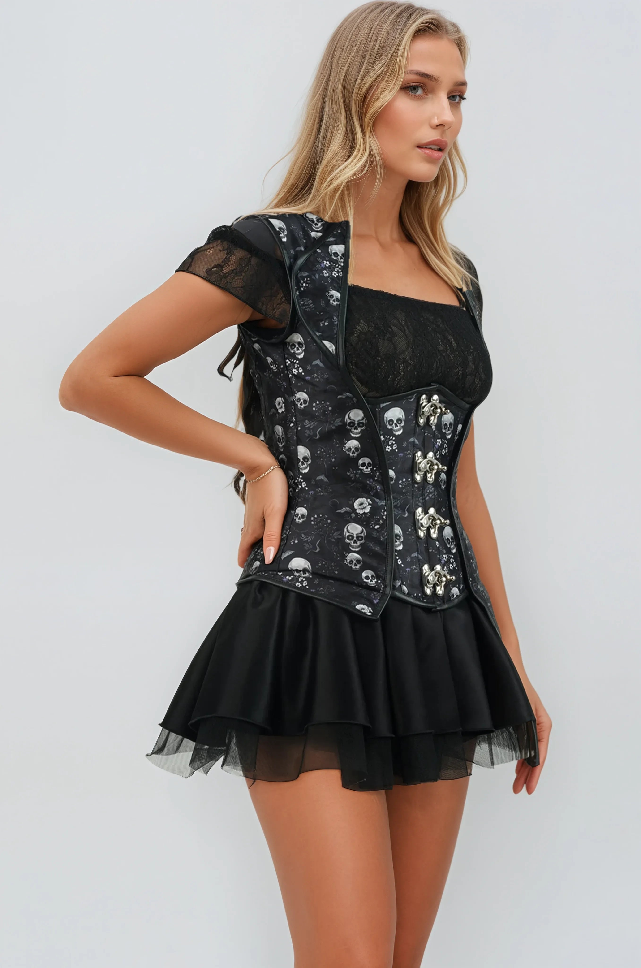 Maisee Skull Black Corset with Lapel Halter Strap