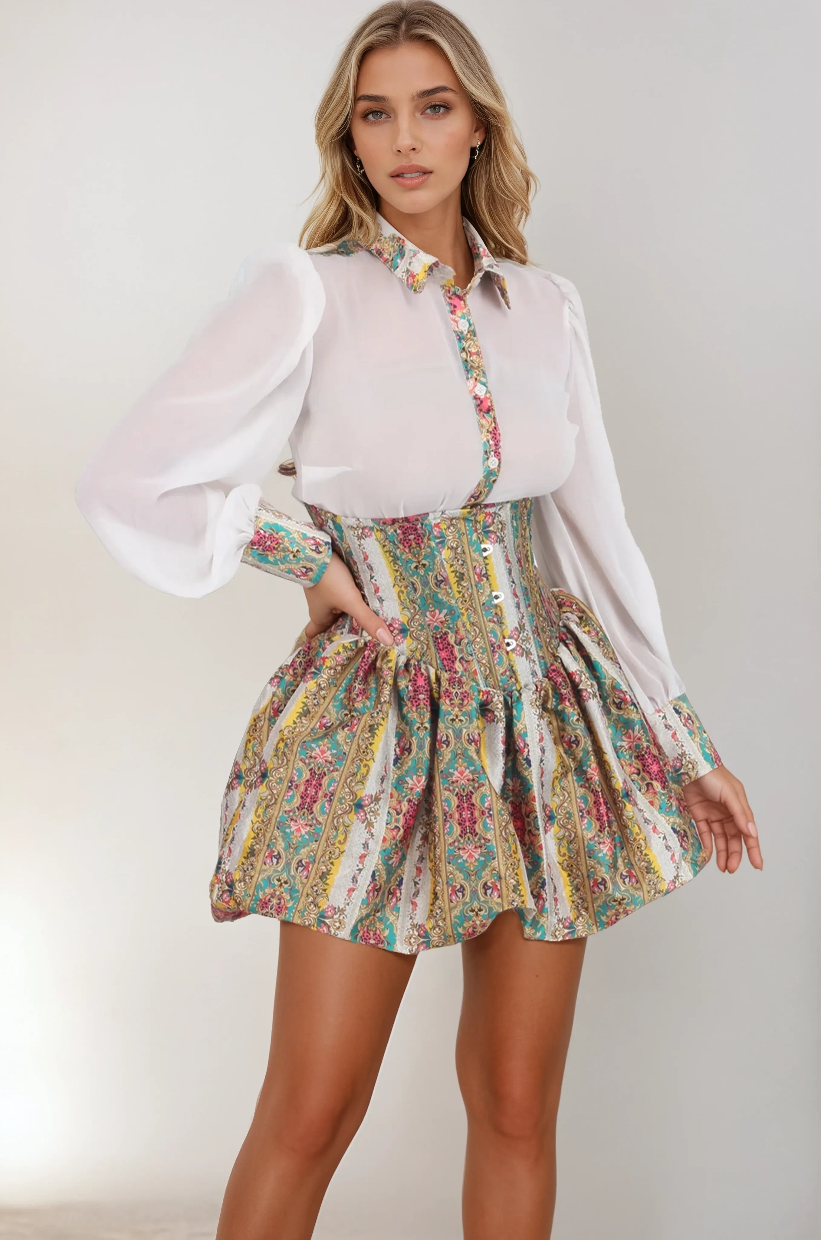 Ellen Eden Print Underbust Corset Dress With Shirt