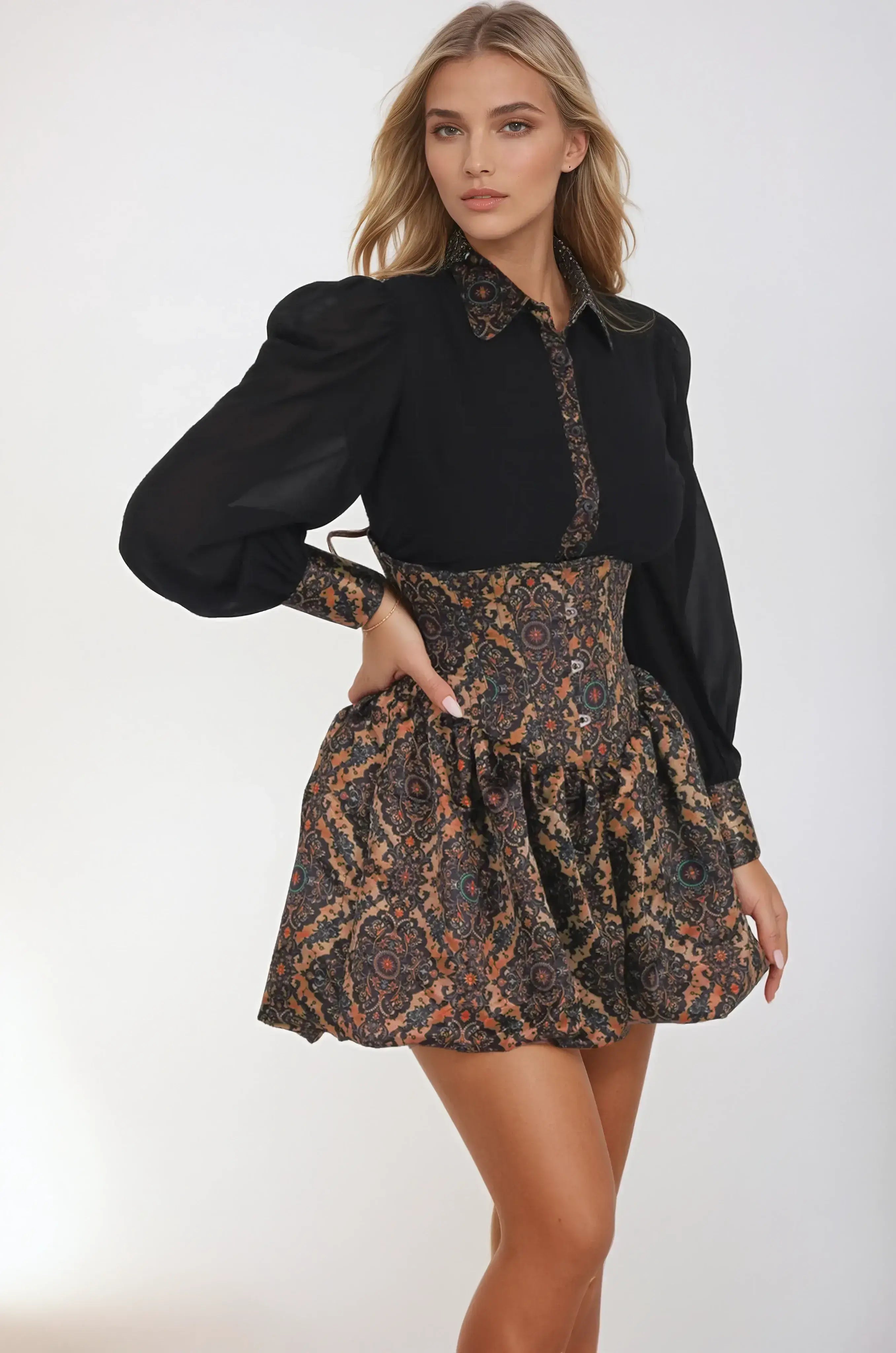 Kaya Gear Print Underbust Corset Dress With Shirt