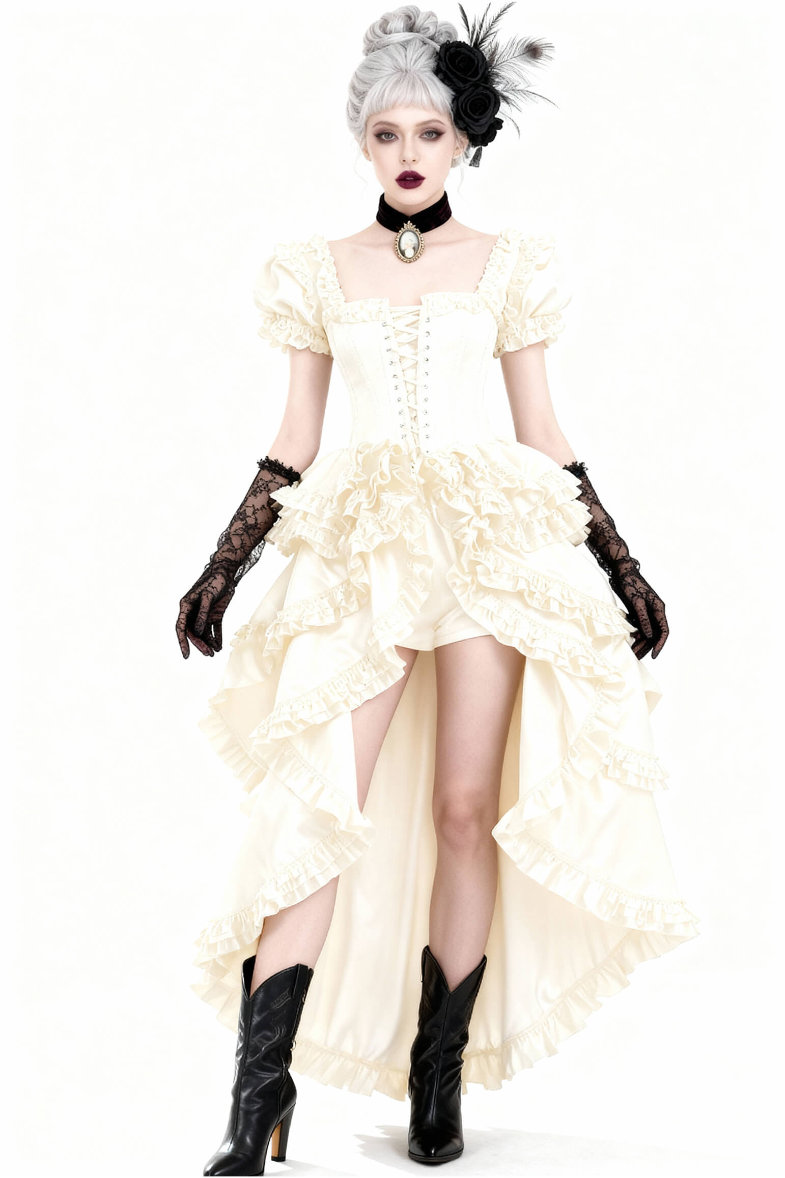 Shalaya Rococo Black Satin Frill Corset Dress